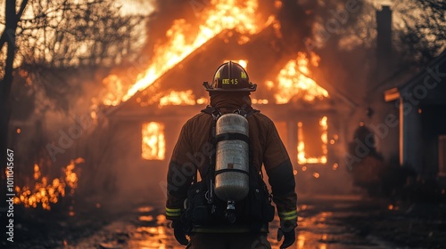 Heroic Firefighter Approaching House Engulfed in Flames, Ready to Fight the Fire