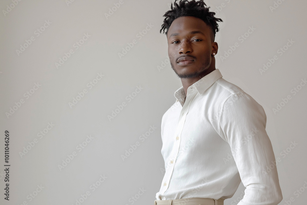 Obraz premium African-American male fashion model posing confidently in the studio against a light background. Advertising banner.