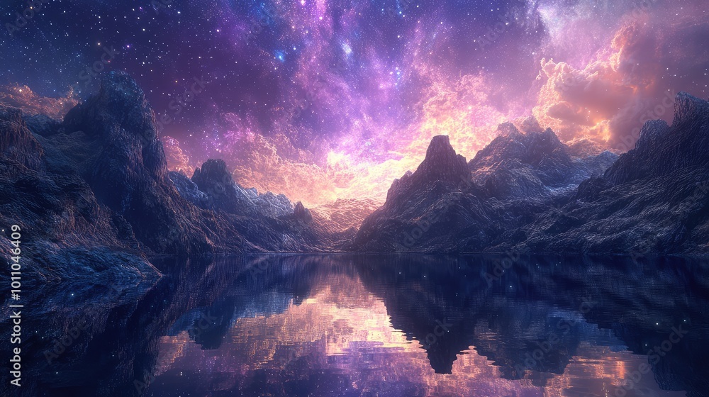 A serene lake reflecting a sky filled with stars and galaxies, surrounded by mountains that glow with ethereal light. A serene lake reflecting a sky filled with stars and galaxies, surrounded by mountains that glow with ethereal light.