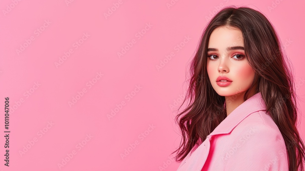Portrait of a young woman against a vibrant pink background, stylish and captivating. Portrait of a young woman against a vibrant pink background, stylish and captivating.