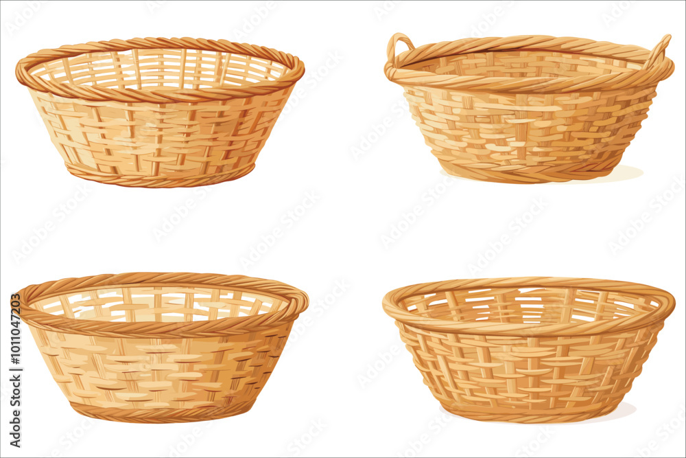Set of different wicker basket, Set of realistic wicker basket, Wicker basket icons, Abstract wicker basket vector illustration Set of different wicker basket, Set of realistic wicker basket, Wicker basket icons, Abstract wicker basket vector illustration