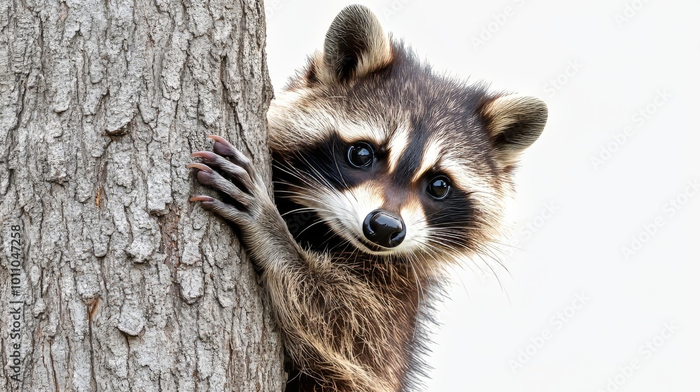 A Curious Raccoon Climbing a Tree in a Forest isolated on white background A Curious Raccoon Climbing a Tree in a Forest isolated on white background