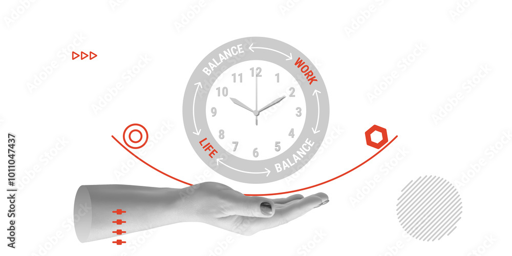 Work-life balance, daily regime, time management. Hand holding symbolic clock with sectors LIFE, WORK and marking balance between them. Minimalist art collage Work-life balance, daily regime, time management. Hand holding symbolic clock with sectors LIFE, WORK and marking balance between them. Minimalist art collage