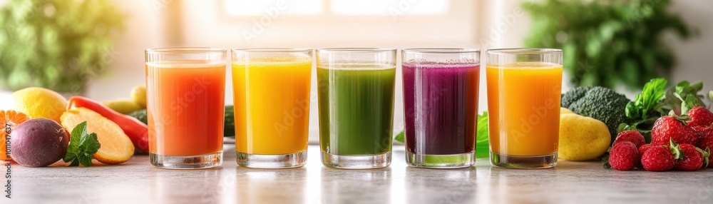 Vibrant collection of fresh juices in clear glasses, surrounded by colorful fruits and vegetables on a bright kitchen countertop. Vibrant collection of fresh juices in clear glasses, surrounded by colorful fruits and vegetables on a bright kitchen countertop.