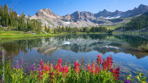 A serene mountain landscape reflected in a crystal-clear lake, with colorful flowers framing the scene.