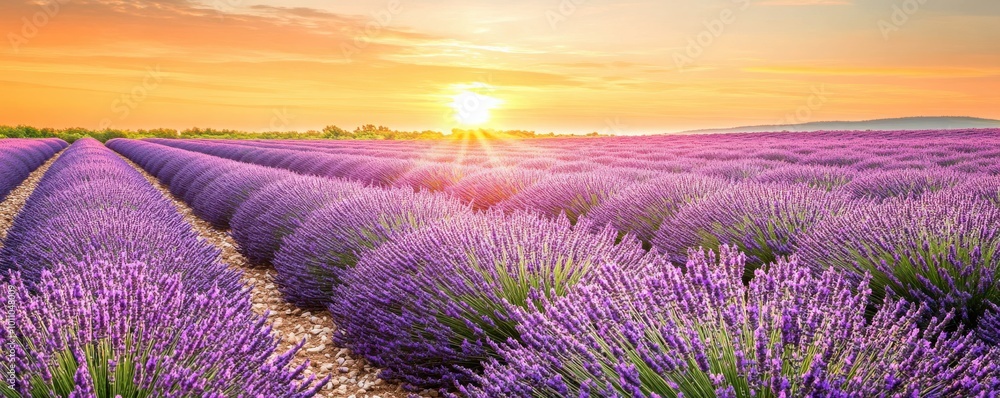 Obraz premium Vibrant lavender fields basking in the warm glow of a sunrise, showcasing nature's beauty and tranquility in stunning colors.