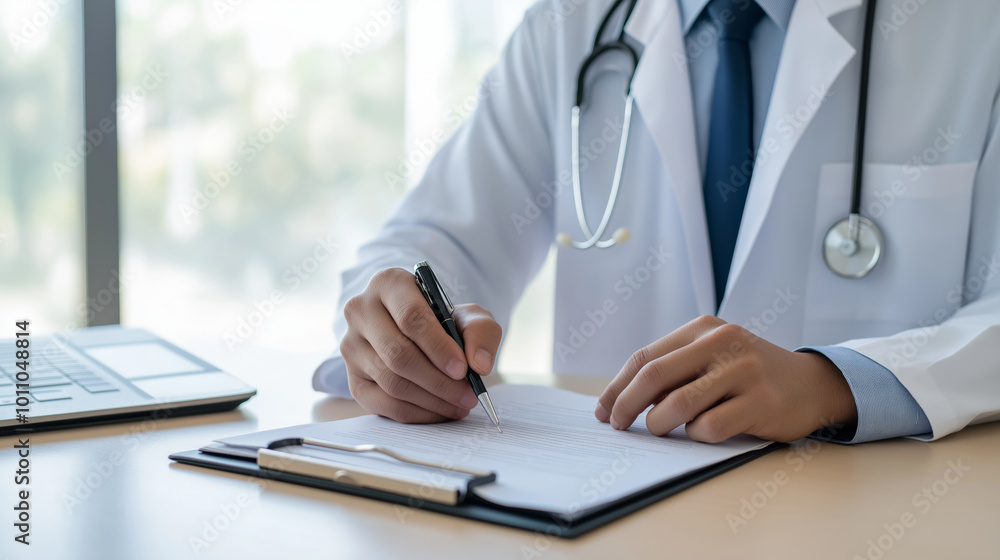 Fototapeta premium A doctor in a white coat writes notes on a clipboard while sitting at a desk with a stethoscope nearby.