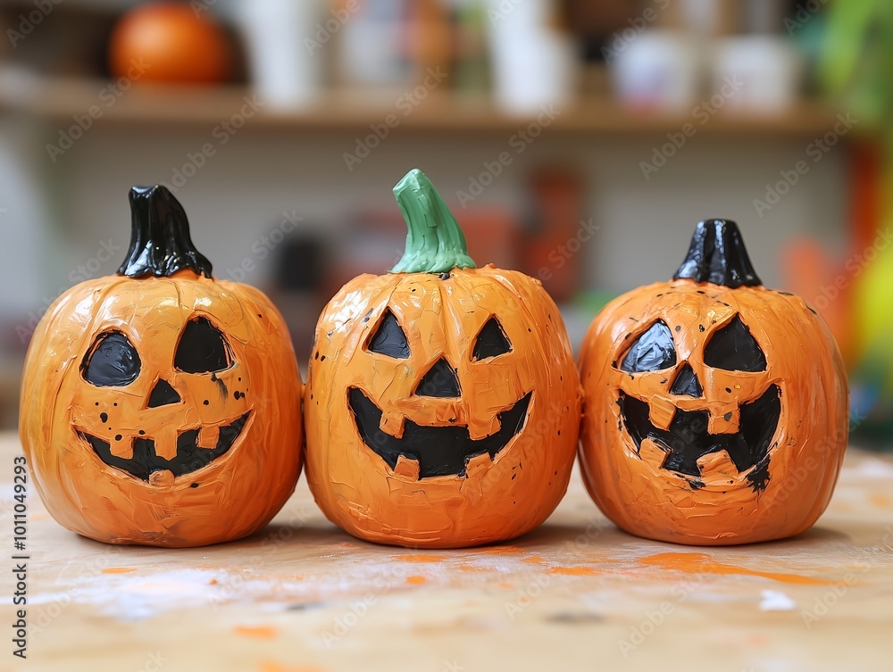Three Playful Halloween Pumpkins with Unique Faces, Perfect for Celebrating the Whimsical Spirit of Autumn and Halloween Festivities Three Playful Halloween Pumpkins with Unique Faces, Perfect for Celebrating the Whimsical Spirit of Autumn and Halloween Festivities