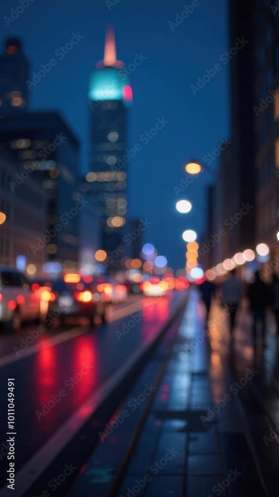 Fototapeta premium People walking on sidewalk near road with cars passing at night
