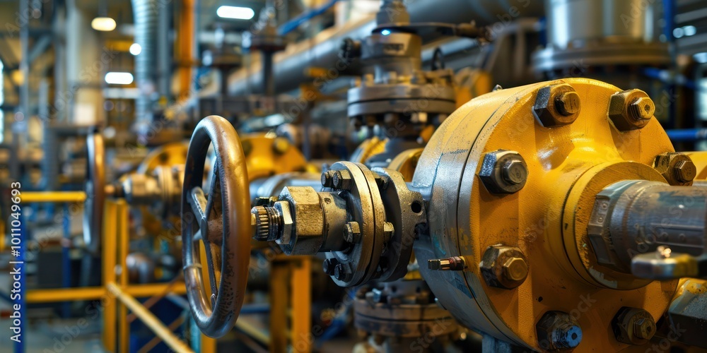 A close-up of the machinery inside a power plant, with pipes, valves, and industrial equipment A close-up of the machinery inside a power plant, with pipes, valves, and industrial equipment