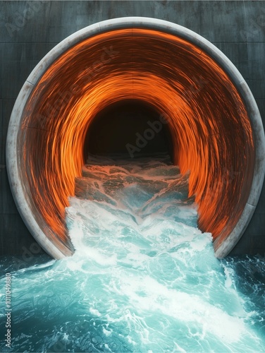 A large, circular concrete pipe emits bright, glowing hues as water flows energetically out, creating a captivating visual contrast with its surroundings.
