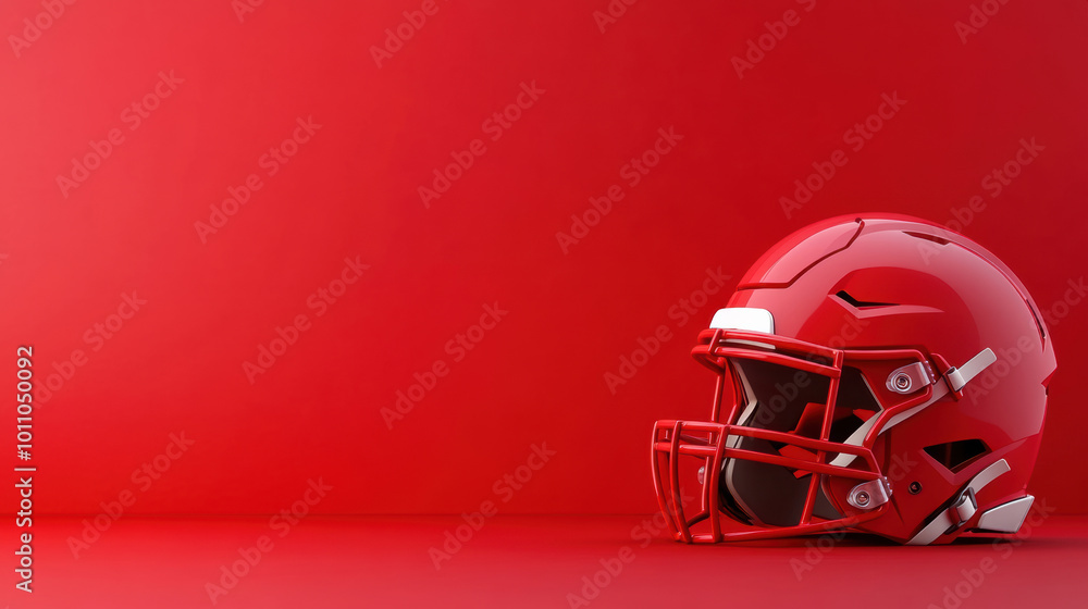 Fototapeta premium Red Football Helmet on Solid Red Background Symbolizing Sports and Team Spirit, AI