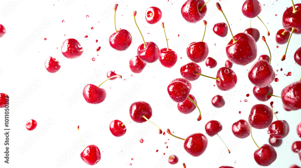 The concept of healthy eating. A lot of red berries of juicy ripe cherries dance in the air on a white background. Cherries are scattered all over the image. The image looks playful The concept of healthy eating. A lot of red berries of juicy ripe cherries dance in the air on a white background. Cherries are scattered all over the image. The image looks playful