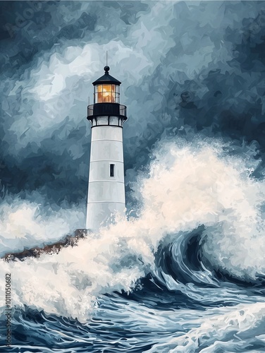 A dramatic lighthouse stands tall amidst towering waves, illuminated under a stormy sky, symbolizing safety and resilience against nature's fury.