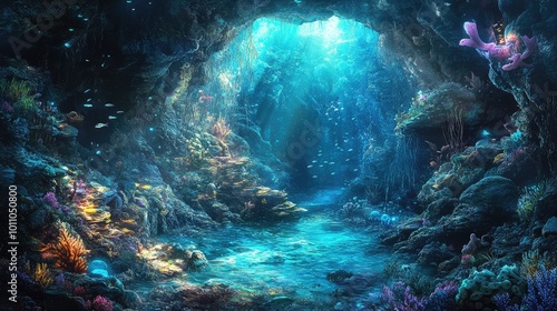 A surreal underwater grotto with bioluminescent creatures and shimmering rocks, creating an enchanting atmosphere.