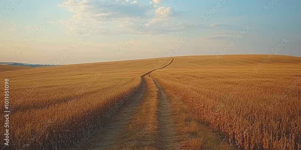 peaceful rural landscape featuring a trail through a golden field with cornfields on one side and freshly plowed land on the other, creating a calm and open space for copy peaceful rural landscape featuring a trail through a golden field with cornfields on one side and freshly plowed land on the other, creating a calm and open space for copy