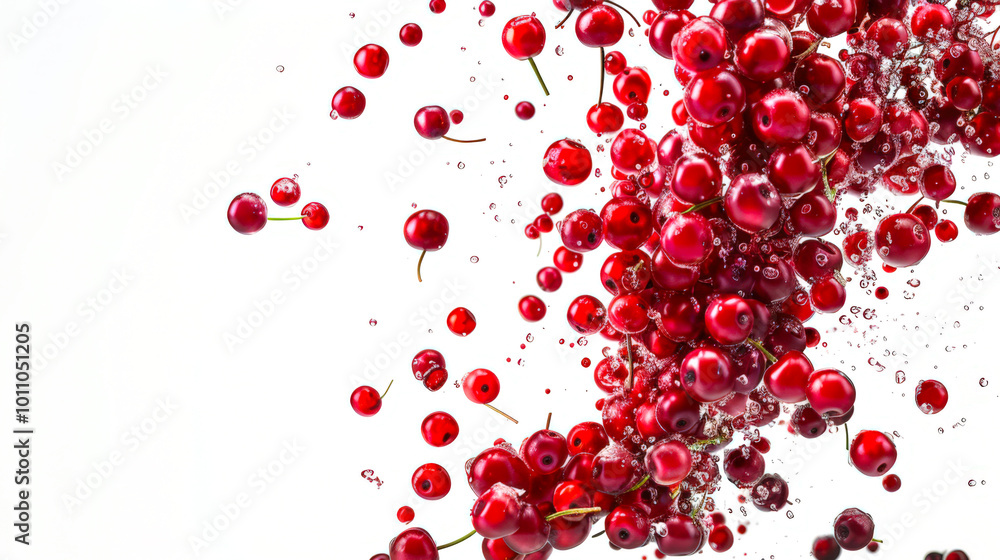 Close-up of a bunch of red cranberries or cranberries in a splash of water on a white background. The berries are scattered all over the image. A natural organic product. Food background Close-up of a bunch of red cranberries or cranberries in a splash of water on a white background. The berries are scattered all over the image. A natural organic product. Food background