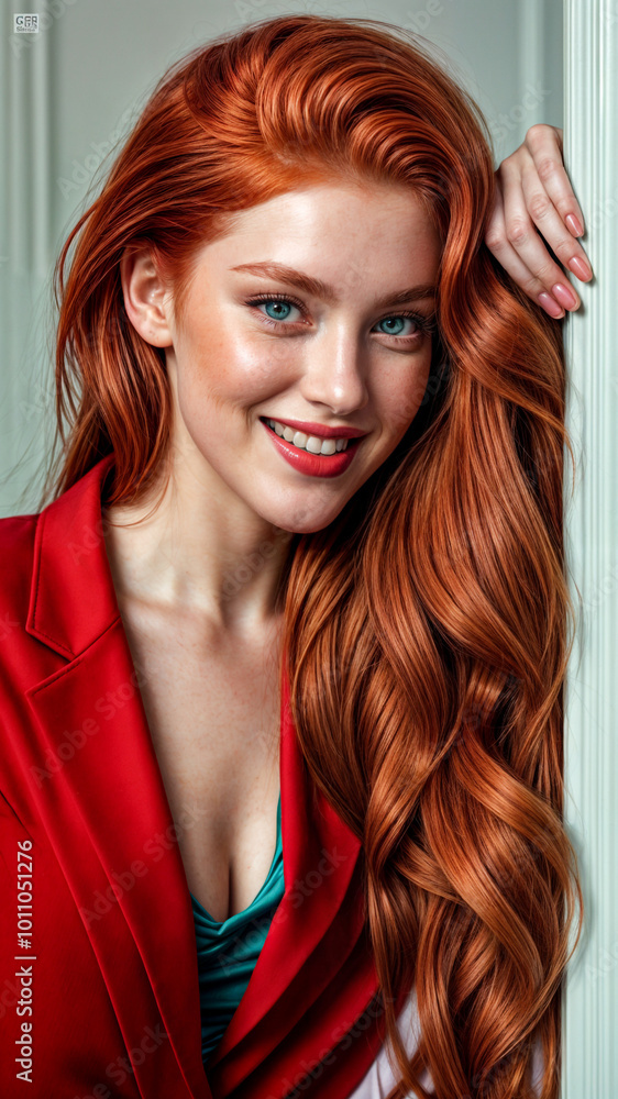 Naklejka premium A Mesmerizing Gaze: Woman with red Bangs Holds Viewers Captive 