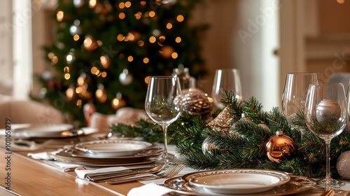 Dining table set for Christmas dinner with centerpiece of artificial pine branches, holiday meal decor, pine branch theme, Christmas dinner