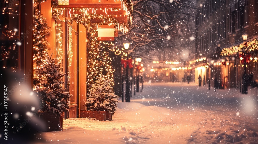 Warm lights at a Christmas entrance in snow snowy view from below peaceful holiday scene glowing lights in snow, snowy Christmas view, snow covered entrance, glowing holiday lights Warm lights at a Christmas entrance in snow snowy view from below peaceful holiday scene glowing lights in snow, snowy Christmas view, snow covered entrance, glowing holiday lights