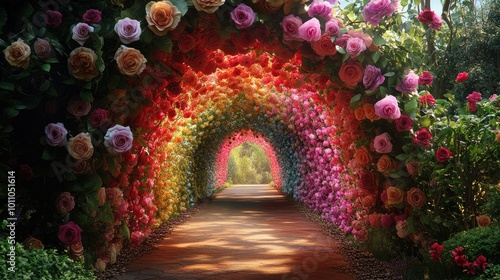 A luxurious tunnel of roses in vibrant colors, draped elegantly over an archway, creating a romantic and enchanting wedding atmosphere