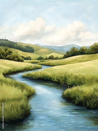 A serene landscape featuring rolling hills, lush green fields, and a winding river under a clear blue sky, evoking tranquility and natural beauty.