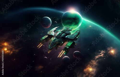 Wallpaper Mural A futuristic spaceship flies through a dark space with multiple planets in view, and one large planet is in the foreground, while a giant green planet is in the background. Torontodigital.ca