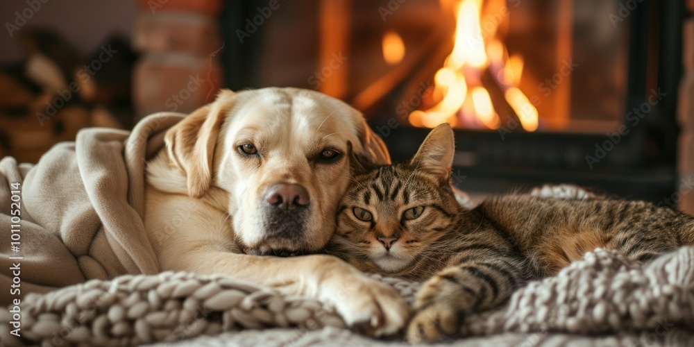 A dog and cat cuddling on a soft blanket in front of a fireplace during winter A dog and cat cuddling on a soft blanket in front of a fireplace during winter