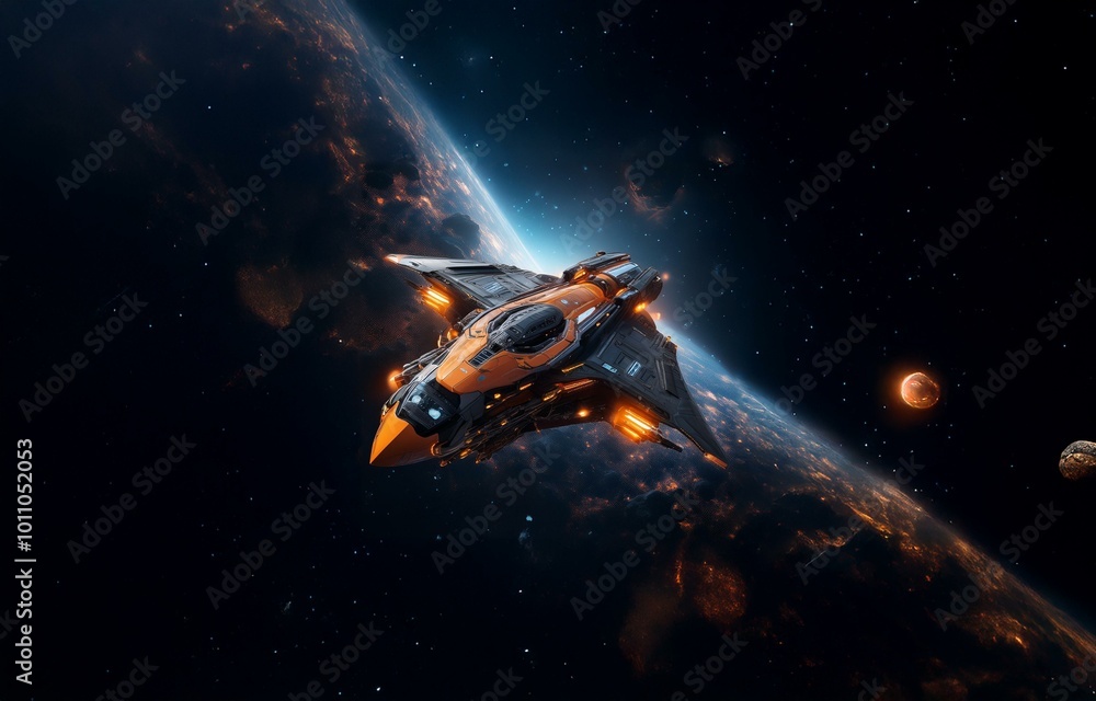 A futuristic orange spaceship is in orbit around a planet with a red moon in the background. A futuristic orange spaceship is in orbit around a planet with a red moon in the background.