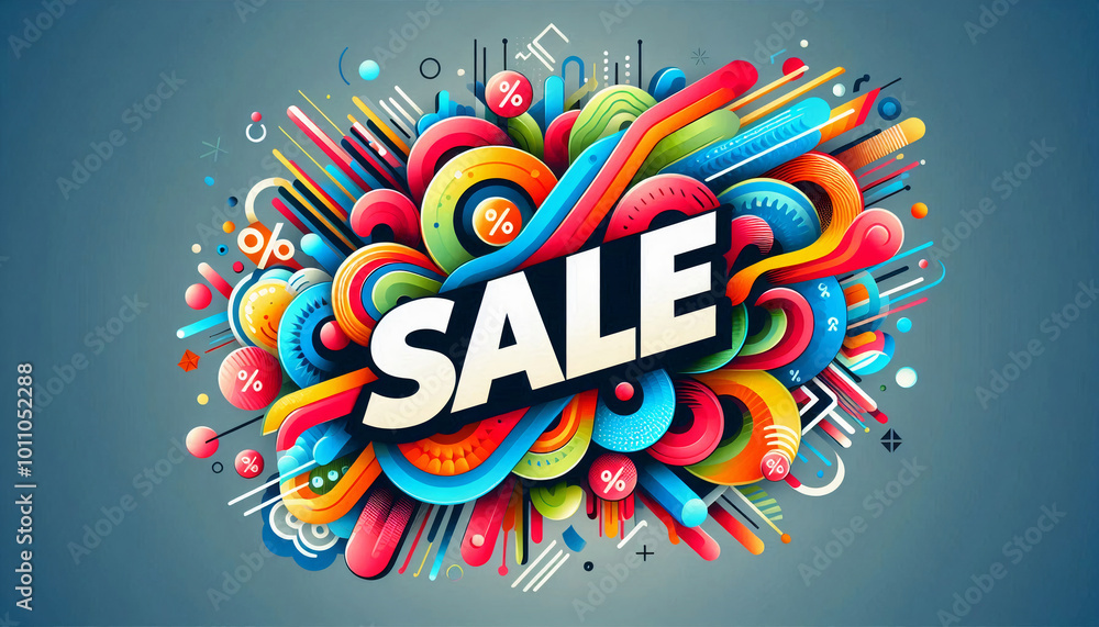 A vibrant, abstract sale illustration with bold letters spelling A vibrant, abstract sale illustration with bold letters spelling