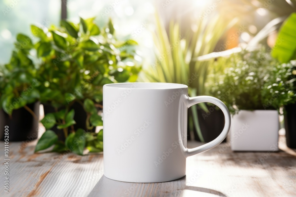 mockup pictures of blank white mug at kitchen, plants and sun mockup pictures of blank white mug at kitchen, plants and sun