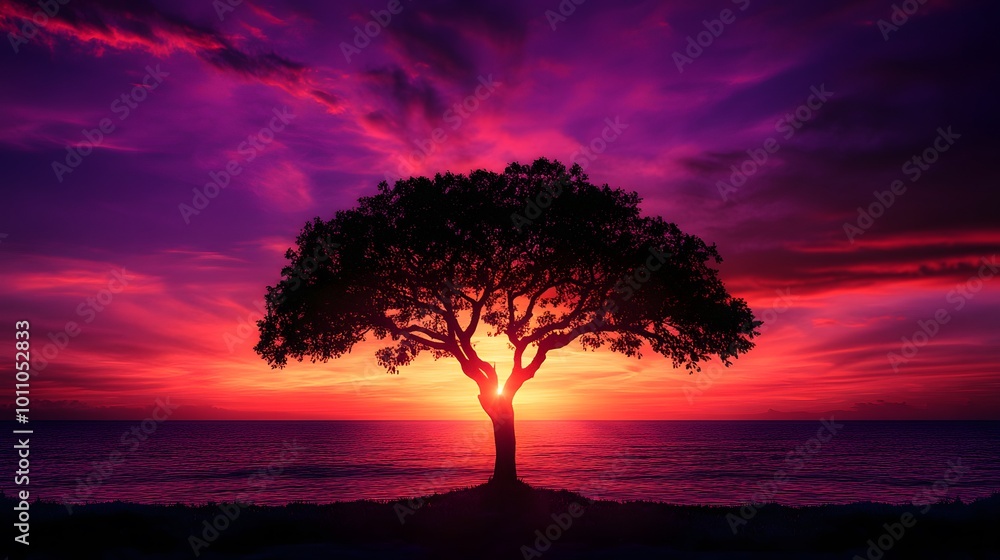 A silhouette of an isolated tree on the horizon with dramatic lighting, against a backdrop of a vast ocean at sunset A silhouette of an isolated tree on the horizon with dramatic lighting, against a backdrop of a vast ocean at sunset