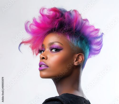 A stunning profile portrait of a woman with bold pink and purple curly hair and flawless makeup, showcasing confidence and modern fashion with an edgy and artistic hairstyle. photo