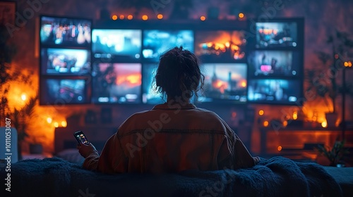 Person watching a large TV screen in a cozy, dimly lit living room, streaming a selection of movies and TV shows at night