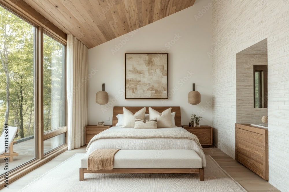 Modern master bedroom with light white oak wallpaper. Room with widows ...