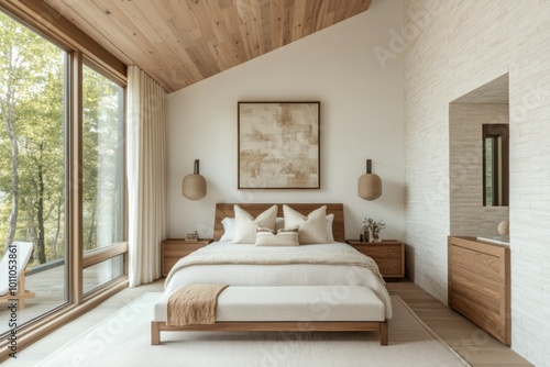 Modern master bedroom with light white oak wallpaper. Room with widows on the left, chic natural and neutral tones w dark walnut wooden bed in center of room