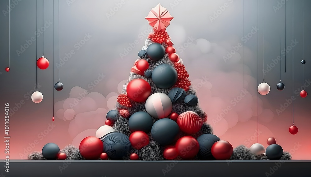 red and black christmas background Red and black Christmas tree with glowing ornaments. 3D rendering. red and black christmas background Red and black Christmas tree with glowing ornaments. 3D rendering.