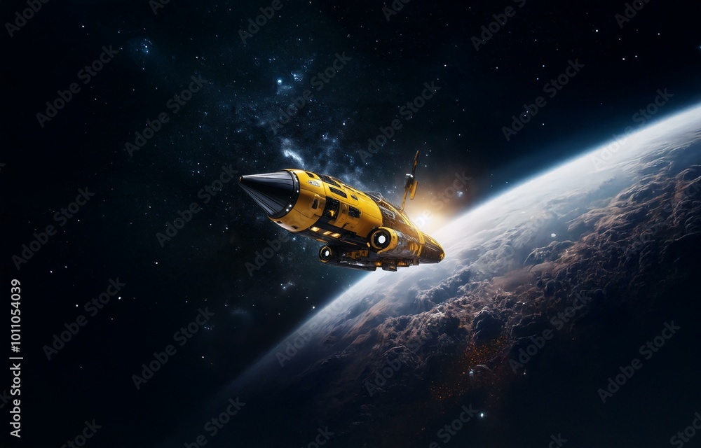 A yellow and black spaceship flies through space, with the Earth's horizon visible in the background. A yellow and black spaceship flies through space, with the Earth's horizon visible in the background.