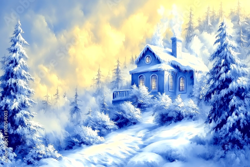 Wallpaper Mural A blue house with a chimney sits in a snowy landscape. The house is surrounded by trees and the sky is cloudy Torontodigital.ca