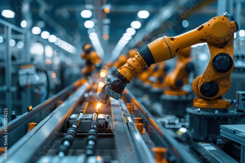 Industrial view of AI-integrated robotics in a manufacturing plant. Robotic arms, guided by AI algorithms, precisely assemble products on a production line