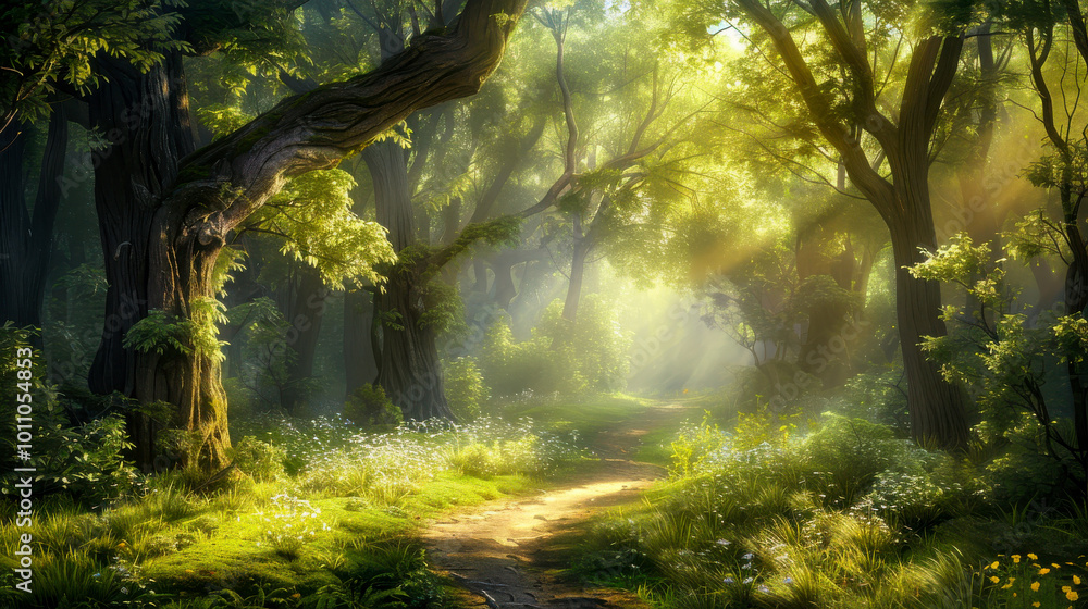 Obraz premium serene forest path illuminated by sunlight filtering through lush green trees creates magical atmosphere. vibrant foliage and soft light evoke sense of tranquility and wonder