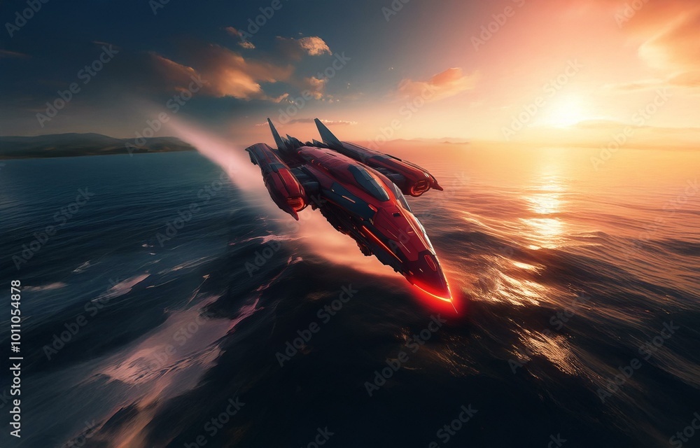 Fototapeta premium A futuristic red spaceship flies over a dark blue ocean at sunset.
