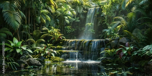 A jungle setting with a small waterfall surrounded by dense plants and wildlife