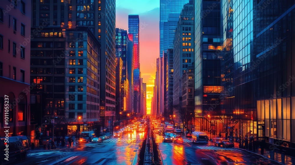 A vibrant cityscape at dusk, with skyscrapers reflecting the colors of the sunset and streetlights beginning to glow. A vibrant cityscape at dusk, with skyscrapers reflecting the colors of the sunset and streetlights beginning to glow.