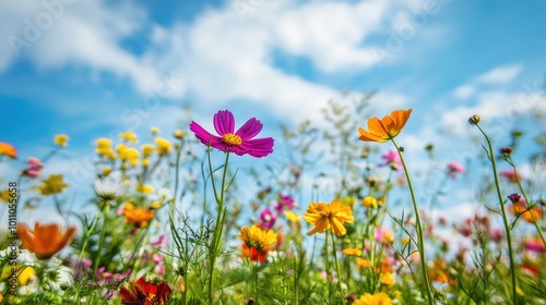 A vibrant flower field stretching to the horizon, with colorful blooms dancing in the wind under a bright blue sky.