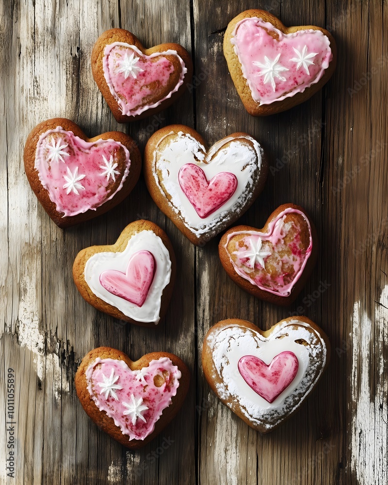 Heart-shaped cookies decorated with icing for valentine's day on rustic table Heart-shaped cookies decorated with icing for valentine's day on rustic table