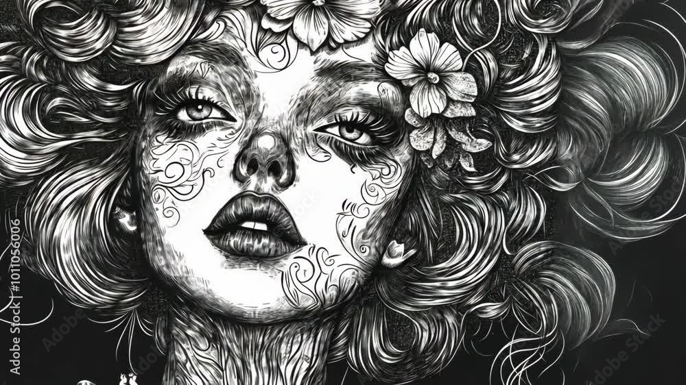 A close-up, black-and-white illustration of a woman with flowers in her hair and intricate detail on her face A close-up, black-and-white illustration of a woman with flowers in her hair and intricate detail on her face