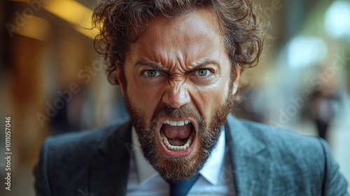 A man with curly hair and a beard expresses intense anger while wearing a suit in a busy urban setting during daylight hours