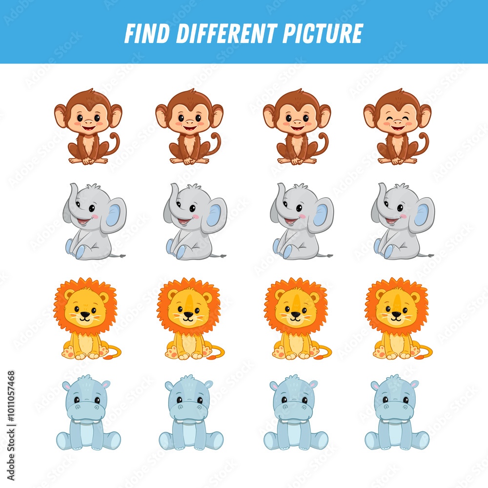 custom made wallpaper toronto digitalFind different animal picture in each row. Logical game for kids. Cartoon lion, monkey, elephant, hippo.