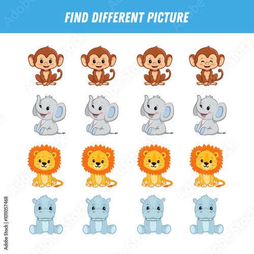 Wallpaper Mural Find different animal picture in each row. Logical game for kids. Cartoon lion, monkey, elephant, hippo. Torontodigital.ca